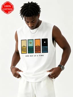 100% Cotton Men's Summer Sleeveless Top, Printed Casual Loose Vest, Minimalist Pattern Sports Vest, Suitable for Daily Wear - T7