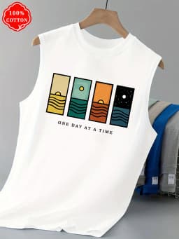 100% Cotton Men's Summer Sleeveless Top, Printed Casual Loose Vest, Minimalist Pattern Sports Vest, Suitable for Daily Wear - T7