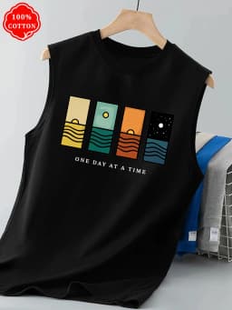 100% Cotton Men's Summer Sleeveless Top, Printed Casual Loose Vest, Minimalist Pattern Sports Vest, Suitable for Daily Wear - T7