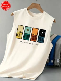 100% Cotton Men's Summer Sleeveless Top, Printed Casual Loose Vest, Minimalist Pattern Sports Vest, Suitable for Daily Wear - T7