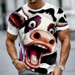 Men's Funny Cow 3D Big Face Print T-Shirt Realistic & Cartoon Dairy Humor Graphic Crew Neck Short Sleeve Tee