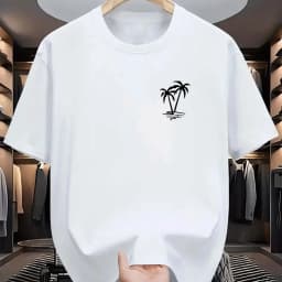 Men's summer 100% cotton fashionable casual loose coconut tree pattern printed sports round neck short sleeved T-shirt top