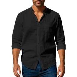 Cotton Linen Shirt for Men Henley Neck Solid Color Lightweight Breathable Slim Fit Single Breasted Shirt Long Sleeve Button Up