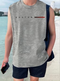 100 Cotton BOSTON Men's Summer Fashionable Casual Sports Loose Printed Comfortable and Breathable Round Neck Sleeveless Vest