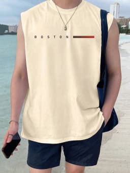 100 Cotton BOSTON Men's Summer Fashionable Casual Sports Loose Printed Comfortable and Breathable Round Neck Sleeveless Vest