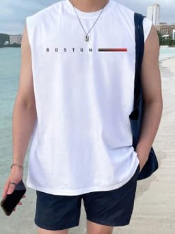100 Cotton BOSTON Men's Summer Fashionable Casual Sports Loose Printed Comfortable and Breathable Round Neck Sleeveless Vest