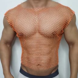 Men Sexy Tank Tops Fishnet Rhinestone Shiny Hollow Vest Man Mesh See-Through Sleeveless T-Shirt Transparent Clothing
