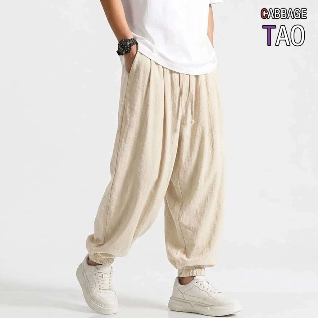 Mens Korean Harem Pants Solid Cotton Casual Joggers Breathable Sport Trousers Loose Fit Bottoms for Yoga Work Daily Streetwear