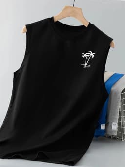 100% cotton men's summer vest is loose-fitting, featuring a coconut tree pattern print, and is a casual sleeveless top - H2