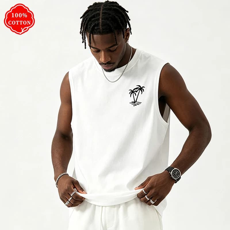 100% cotton men's summer vest is loose-fitting, featuring a coconut tree pattern print, and is a casual sleeveless top - H2