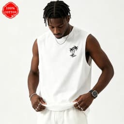 100% cotton men's summer vest is loose-fitting, featuring a coconut tree pattern print, and is a casual sleeveless top - H2
