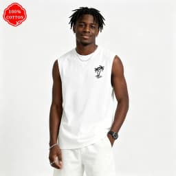 100% cotton men's summer vest is loose-fitting, featuring a coconut tree pattern print, and is a casual sleeveless top - H2
