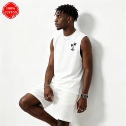 100% cotton men's summer vest is loose-fitting, featuring a coconut tree pattern print, and is a casual sleeveless top - H2