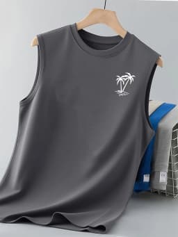 100% cotton men's summer vest is loose-fitting, featuring a coconut tree pattern print, and is a casual sleeveless top - H2