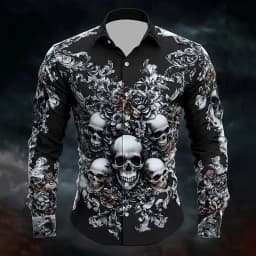 Hip Hop Skull Print Shirt Men Streetwear 2025 Long Sleeve Tops Urban Trendy Graphic Tee Shirt Casual Loose Fit Gothic Clothing