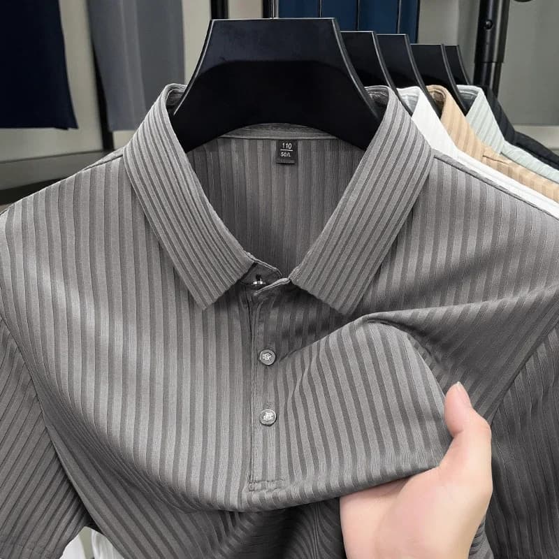 2026 New Men's Casual Fashion Striped Short Sleeved Collar Polo Shirt Breathable and Comfortable Summer Versatile T-shirt