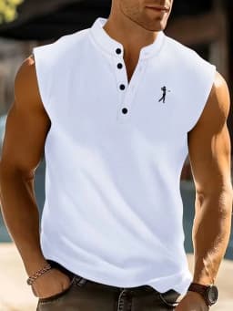 Men's Golf Print Stand Collar Sleeveless Henley Tank Top | Waffle Knit Breathable Casual Sports Shirt