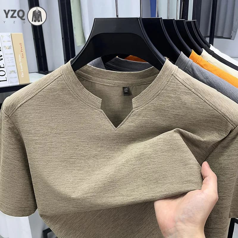 Korean Men's Short Sleeve V-Neck T-Shirt Solid Color Casual Fashion Comfortable Summer Versatile Solid Top