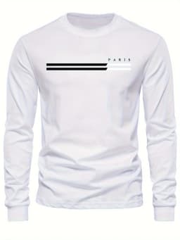 Men's 100% Pure Cotton Summer Loose Comfortable Casual PARIS Print Large Round Neck Long Sleeve T-Shirt Top