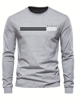 Men's 100% Pure Cotton Summer Loose Comfortable Casual PARIS Print Large Round Neck Long Sleeve T-Shirt Top