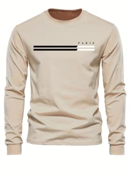 Men's 100% Pure Cotton Summer Loose Comfortable Casual PARIS Print Large Round Neck Long Sleeve T-Shirt Top