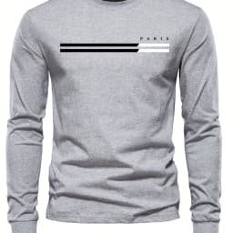 Men's 100% Pure Cotton Summer Loose Comfortable Casual PARIS Print Large Round Neck Long Sleeve T-Shirt Top
