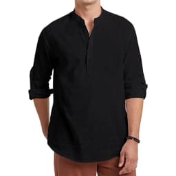 Men's Cotton Linen Long Sleeve Polo Shirt Lightweight Henley Neck Hawaiian Beach Style Solid Color Tops Vacation T-shirt