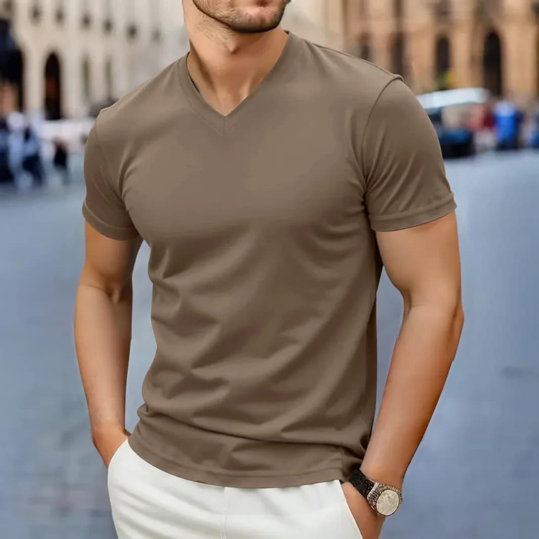 2026 New Men's Casual Fashion Simple V-neck Short Sleeved T-shirt Summer Comfortable Breathable Versatile Top