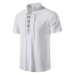 Men's Retro Shirt Short Sleeve Cotton Linen Lightweight Breathable Solid Color Fashion Tops Pirate V-neck Male Stylish Shirs