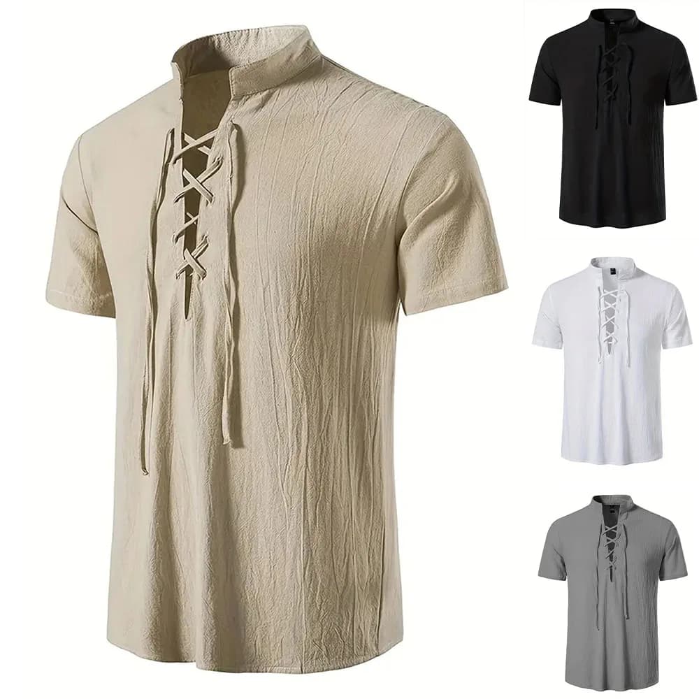 Men's Retro Shirt Short Sleeve Cotton Linen Lightweight Breathable Solid Color Fashion Tops Pirate V-neck Male Stylish Shirs