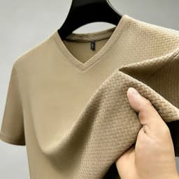 Fashion Men's Business Casual Ice Silk T-Shirt V Neck Short Sleeve Khaki Daily Work Wear
