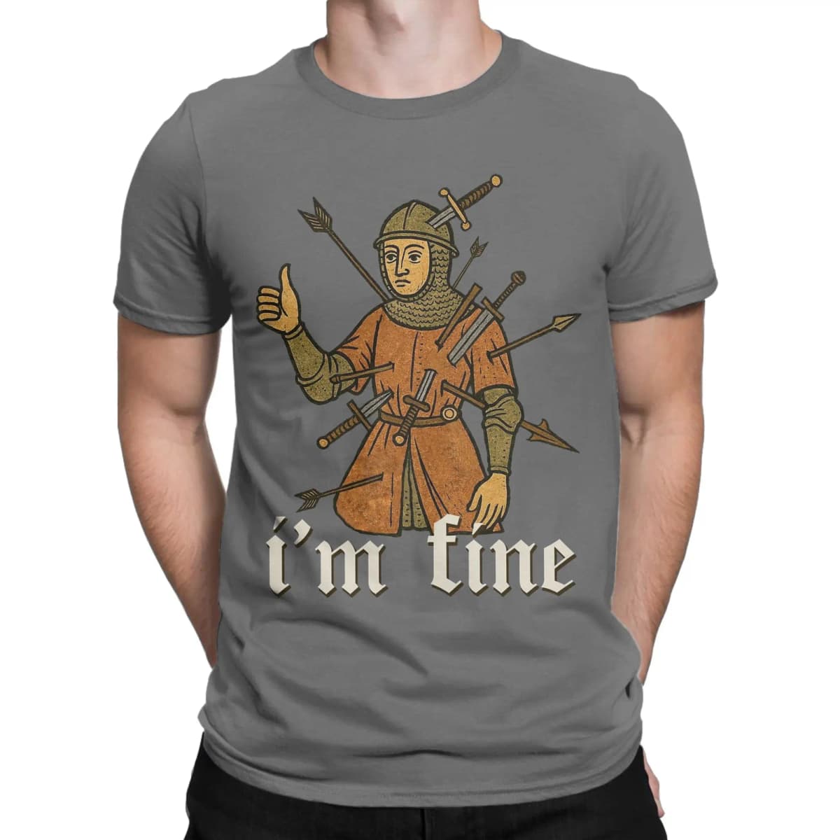Men I'm Fine Medieval Soldier Art T Shirt Funny 100% Cotton Clothing Fun Short Sleeve Round Neck Tees Birthday Present T-Shirts