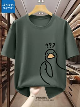 Men's 100% Pure Cotton Fashionable Casual Loose Sports cartoon Pigeon Pattern Printed Round Neck Short Sleeved T-Shirt Top