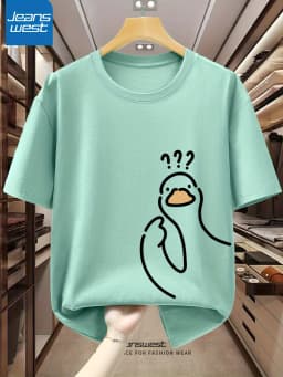 Men's 100% Pure Cotton Fashionable Casual Loose Sports cartoon Pigeon Pattern Printed Round Neck Short Sleeved T-Shirt Top
