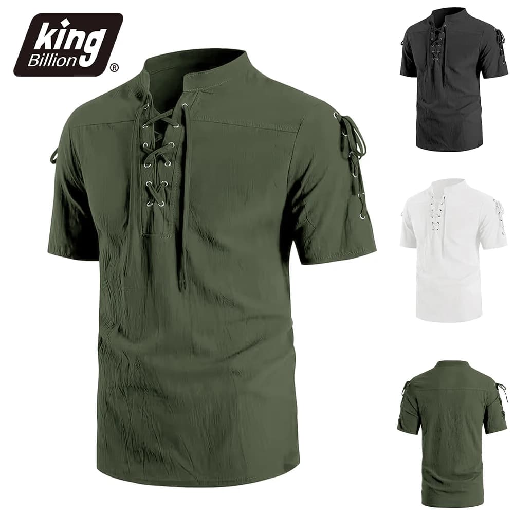 Men's Vintage Short Sleeve Shirt Renaissance Pirate Style Lace Up Design Cotton Lightweight Stand Collar Gothic Costume