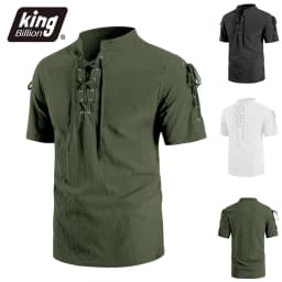 Men's Vintage Short Sleeve Shirt Renaissance Pirate Style Lace Up Design Cotton Lightweight Stand Collar Gothic Costume