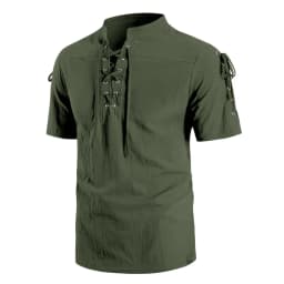 Men's Vintage Short Sleeve Shirt Renaissance Pirate Style Lace Up Design Cotton Lightweight Stand Collar Gothic Costume