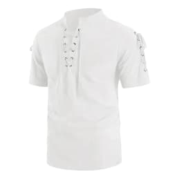 Men's Vintage Short Sleeve Shirt Renaissance Pirate Style Lace Up Design Cotton Lightweight Stand Collar Gothic Costume