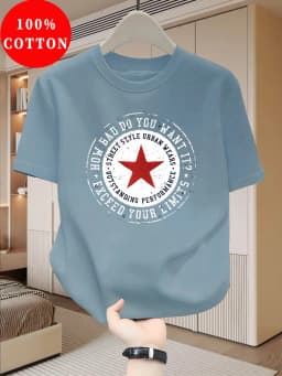 Summer 100% Pure Cotton Men's Fashionable Casual Retro Five Pointed Star Letter Printed Loose Round Neck Short Sleeved T-Shirt