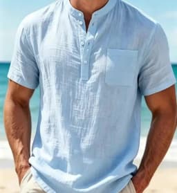 Men's Cotton Linen Blend Henley Shirt lightweight Breathable Casual Short Sleeve Beach Top with Chest Pocket