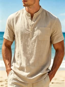Men's Cotton Linen Blend Henley Shirt lightweight Breathable Casual Short Sleeve Beach Top with Chest Pocket