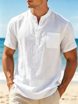 Men's Cotton Linen Blend Henley Shirt lightweight Breathable Casual Short Sleeve Beach Top with Chest Pocket