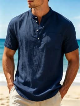 Men's Cotton Linen Blend Henley Shirt lightweight Breathable Casual Short Sleeve Beach Top with Chest Pocket