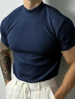 2025 Summer Men's Ribbed Mock Neck T-Shirt Slim Fit Muscle Short Sleeve Breathable Stretchy Casual Fitness Gym Tops