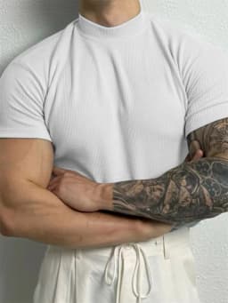 2025 Summer Men's Ribbed Mock Neck T-Shirt Slim Fit Muscle Short Sleeve Breathable Stretchy Casual Fitness Gym Tops