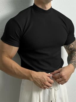 2025 Summer Men's Ribbed Mock Neck T-Shirt Slim Fit Muscle Short Sleeve Breathable Stretchy Casual Fitness Gym Tops
