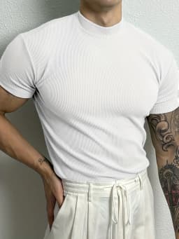 2025 Summer Men's Ribbed Mock Neck T-Shirt Slim Fit Muscle Short Sleeve Breathable Stretchy Casual Fitness Gym Tops