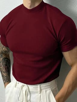 2025 Summer Men's Ribbed Mock Neck T-Shirt Slim Fit Muscle Short Sleeve Breathable Stretchy Casual Fitness Gym Tops