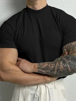 2025 Summer Men's Ribbed Mock Neck T-Shirt Slim Fit Muscle Short Sleeve Breathable Stretchy Casual Fitness Gym Tops