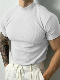 2025 Summer Men's Ribbed Mock Neck T-Shirt Slim Fit Muscle Short Sleeve Breathable Stretchy Casual Fitness Gym Tops